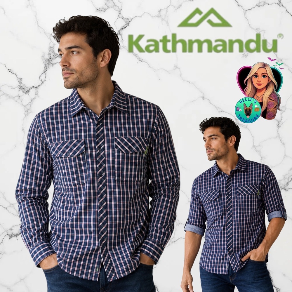 Kathmandu Mens Small Koruna Roll Tab Sleeve Travel Shirt Blue Plaid Button Up‎